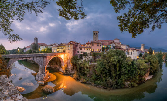 A wide-angle shot of Cividale del Friuli, Italy in the evening